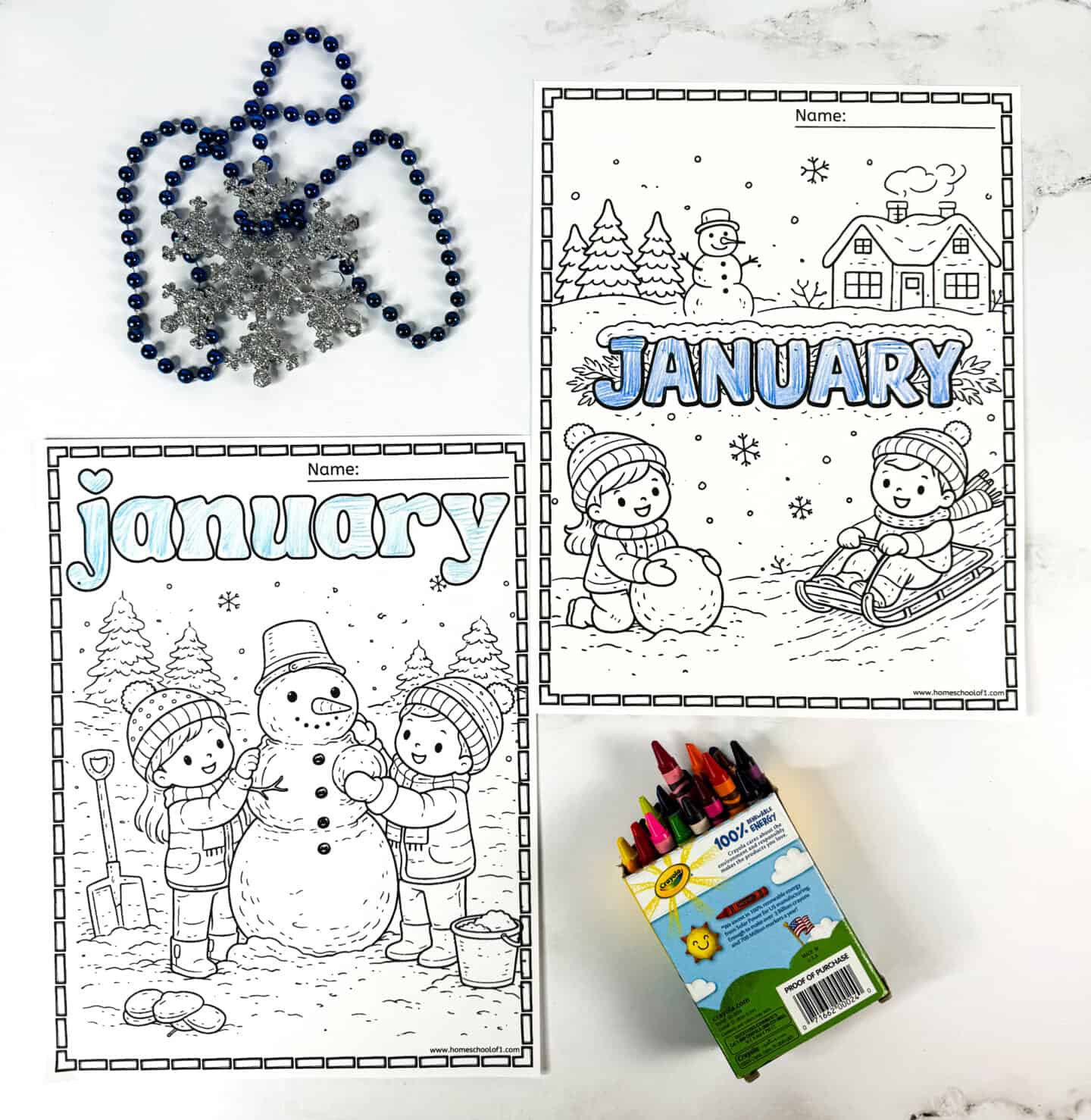 January coloring sheet featuring children playing in the snow with a snowman and the word January in bold lettering.
