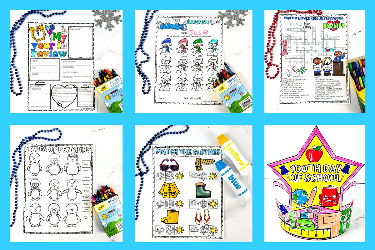 January printables for kids including a year in review worksheet, snowman reading log, Martin Luther King Jr crossword puzzle, penguin worksheets, weather matching activity, and 100th day of school crown.