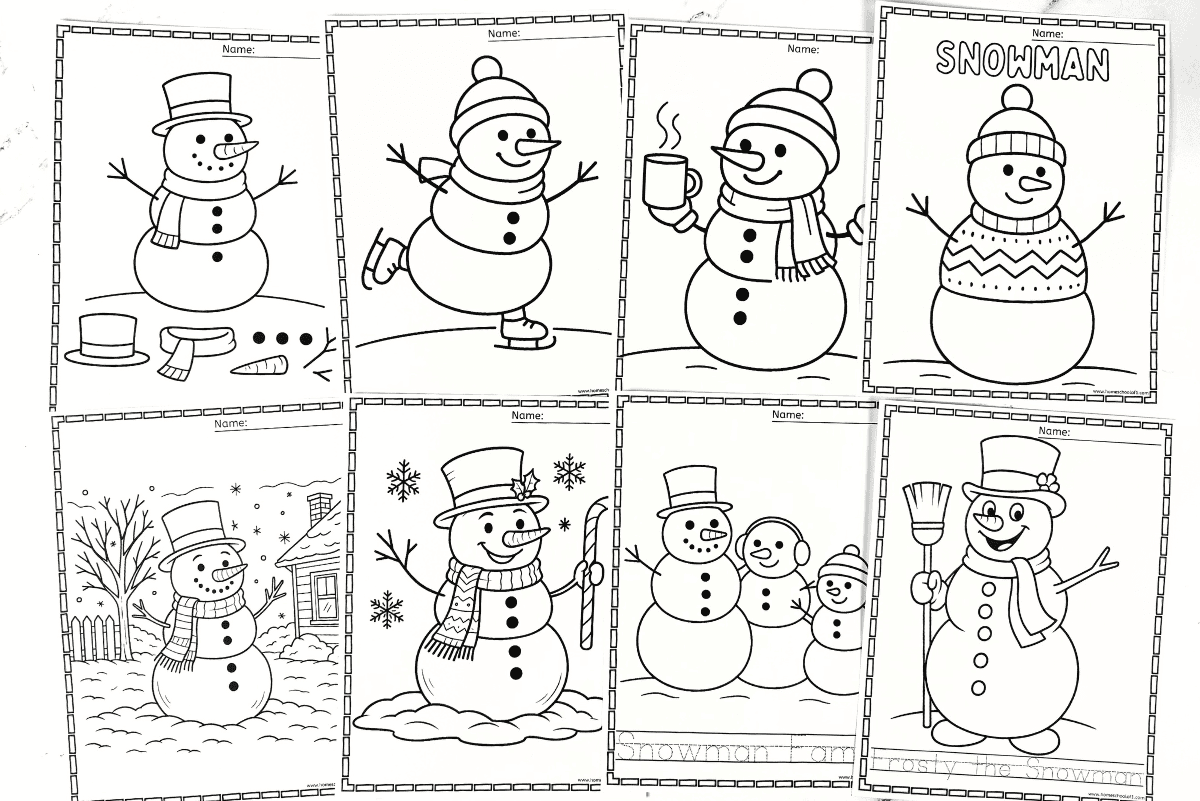 Snowman coloring page with a classic snowman illustration and dotted letters for tracing the word snowman.