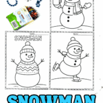 Snowman coloring pages showing different snowman characters including skating, holding hot cocoa, and wearing winter sweaters.