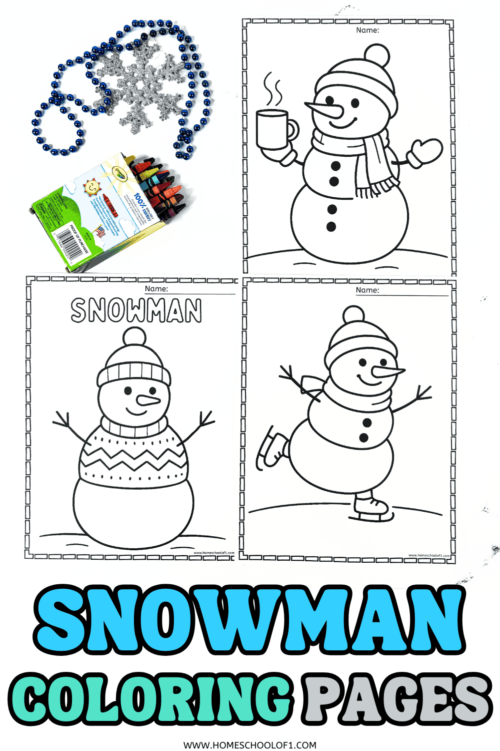 Snowman coloring pages showing different snowman characters including skating, holding hot cocoa, and wearing winter sweaters.