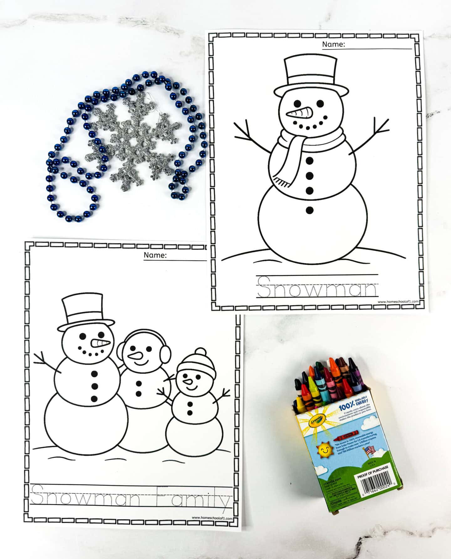 Snowman tracing coloring page and snowman family coloring page designed for early handwriting and winter learning.