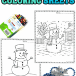 Snowmen coloring sheets featuring simple winter snowman designs with tracing, winter scenes, and bold outlines for kids.