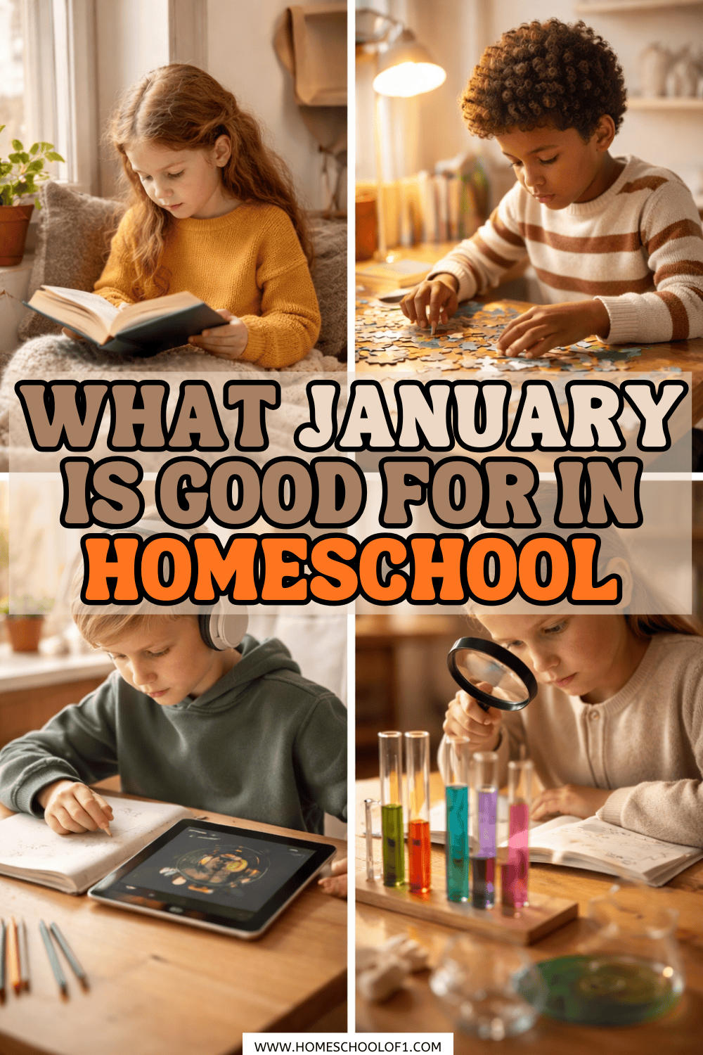 Collage of children engaged in quiet homeschool activities including reading, puzzles, drawing, and simple science exploration at home