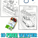 Preview of 10 free Winter Olympics coloring pages for kids featuring snowboarding and bobsleigh with tracing words.