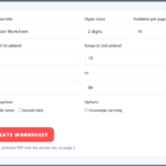 Addition worksheet generator tool with options for digits, number ranges, problems per page, and printable PDF output