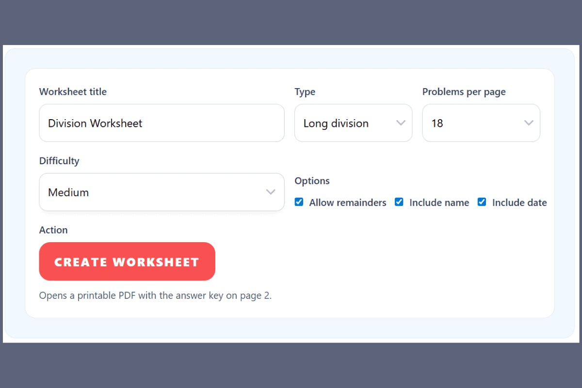 Division worksheet generator tool with options for long division, difficulty level, allowing remainders, and printable PDF output