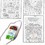 February coloring sheets with heart-themed friendship scenes and winter turning into spring nature designs