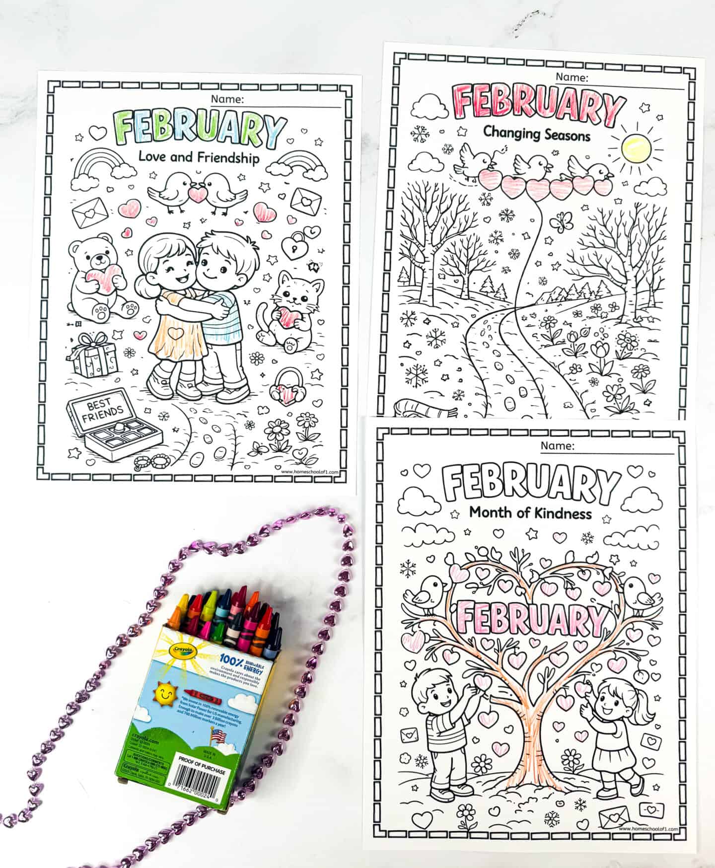 February coloring pages featuring heart-themed friendship scenes and a kindness tree illustration