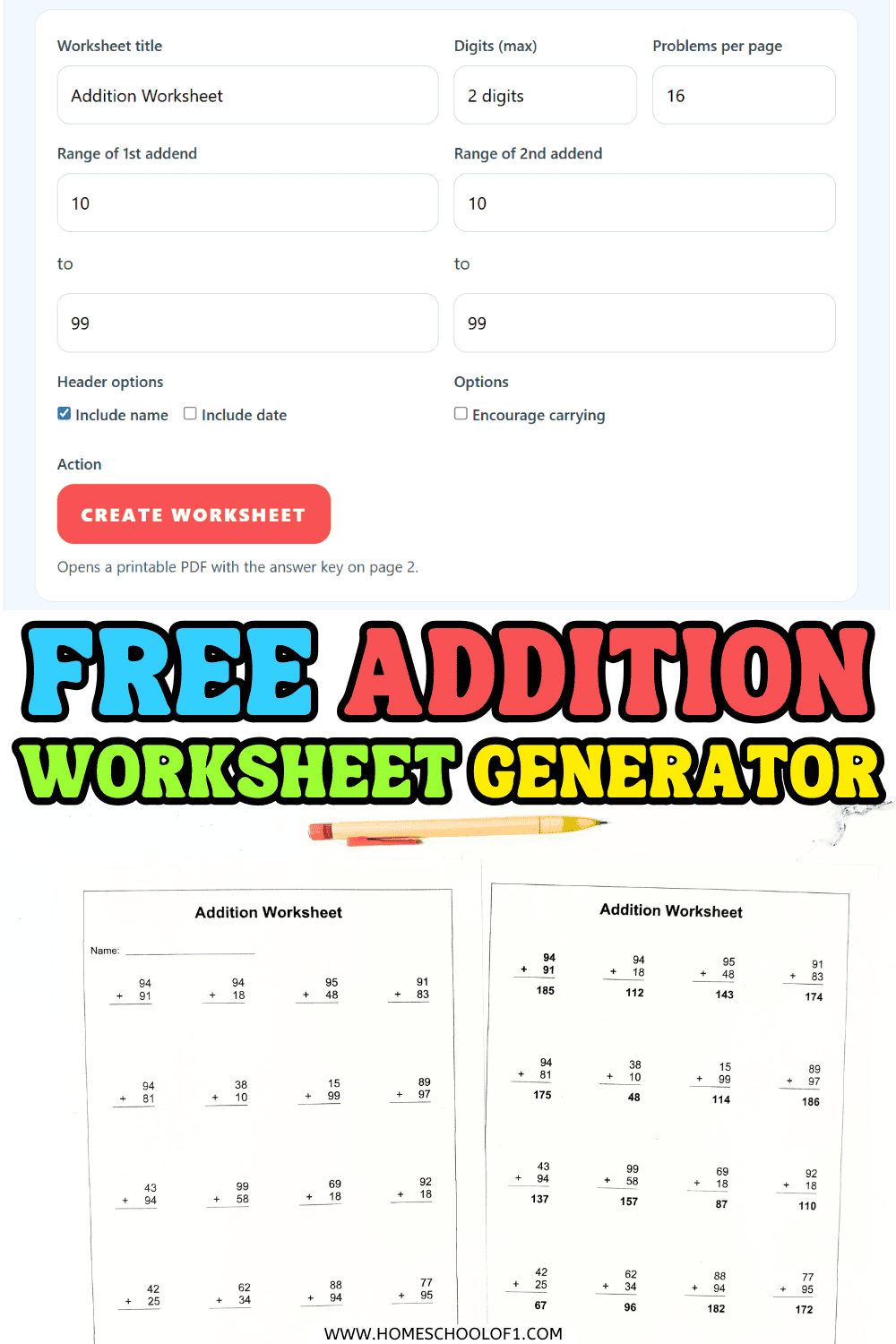 Free Addition Worksheet Generator