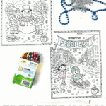 February coloring sheets with kids building a snowman, sledding, and cozy winter scenes for elementary students