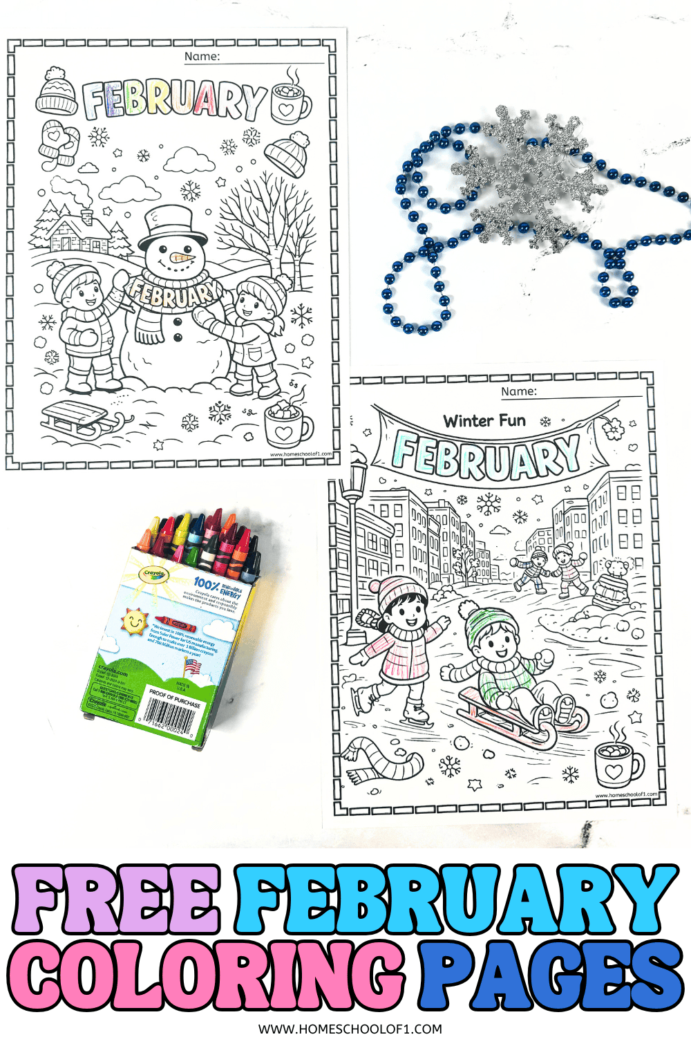 February coloring sheets with kids building a snowman, sledding, and cozy winter scenes for elementary students