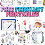 Free February printables for kids collage with holiday activities, winter worksheets, games, coloring pages, and science printables