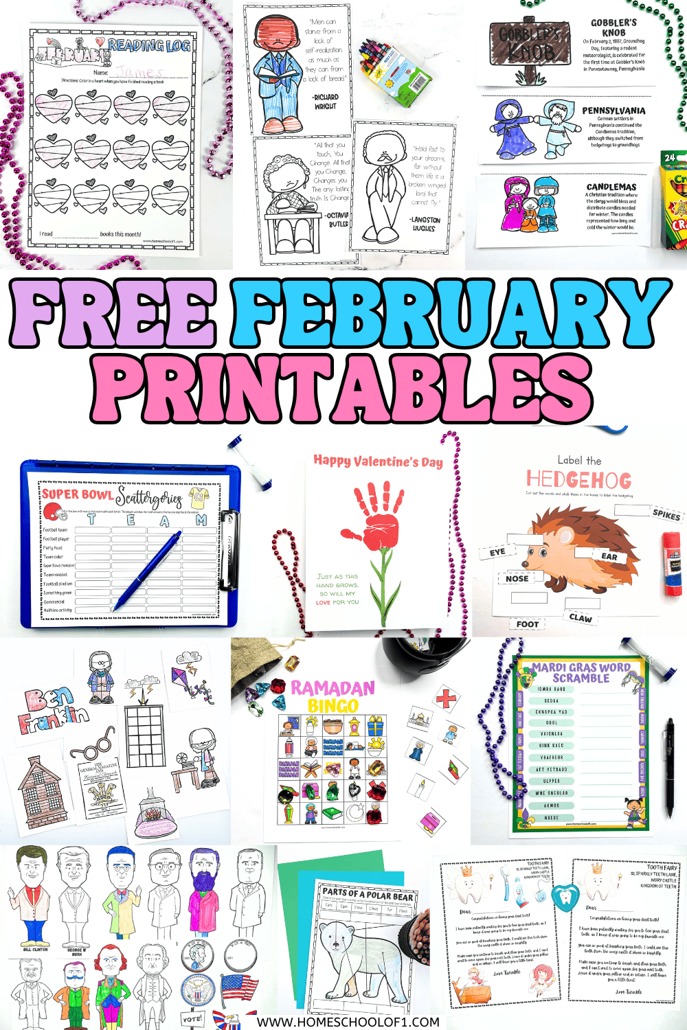 Free February printables for kids collage with holiday activities, winter worksheets, games, coloring pages, and science printables