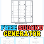 Free Sudoku generator tool showing a printable Sudoku puzzle, difficulty options, and preview of multiple printable Sudoku worksheets.