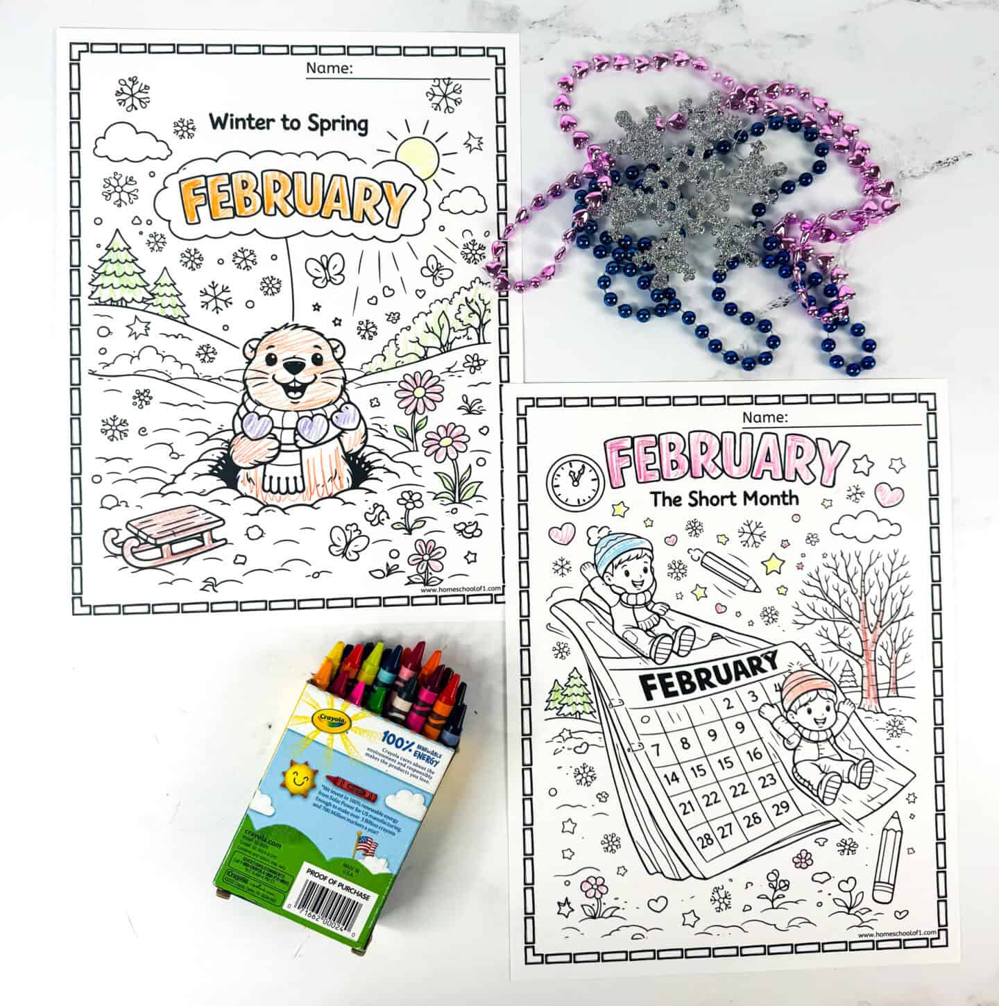 February coloring pages showing winter to spring scenes with a groundhog and a February calendar illustration for kids