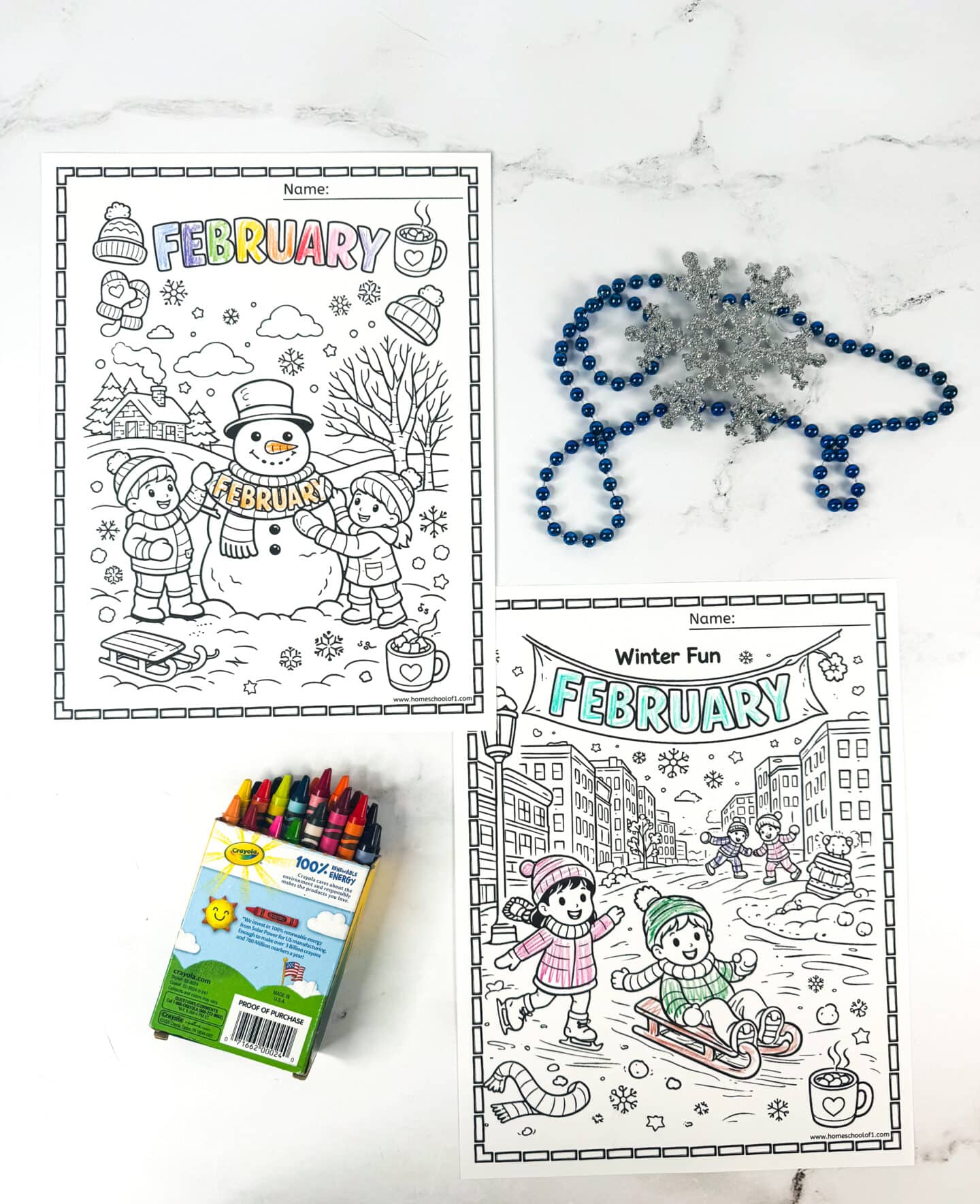 February coloring sheets with children building a snowman and sledding in cozy winter scenes