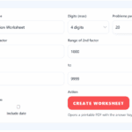 Multiplication worksheet generator tool with options for digit length, factor ranges, problems per page, and printable PDF output