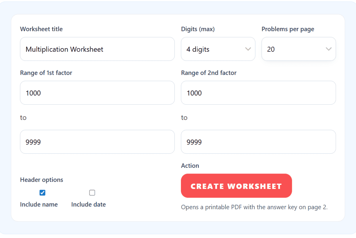 Multiplication worksheet generator tool with options for digit length, factor ranges, problems per page, and printable PDF output