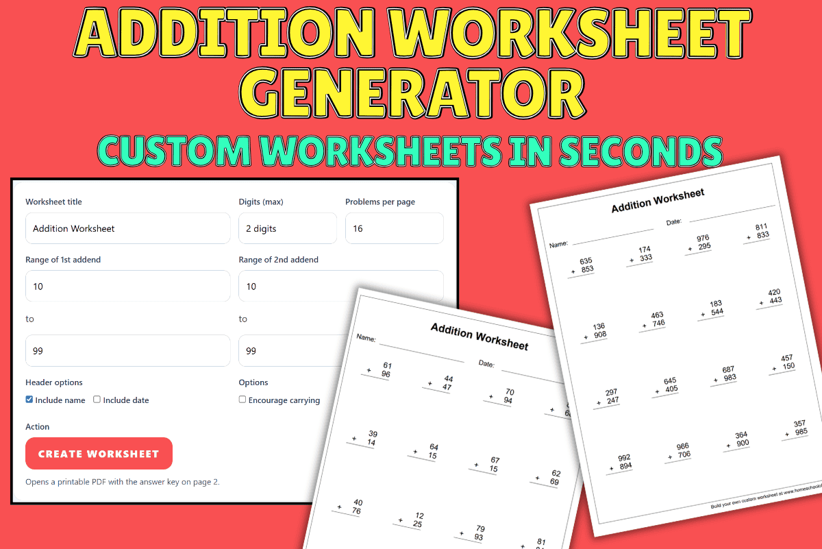 Custom addition worksheet generator creating printable math worksheets with answer key