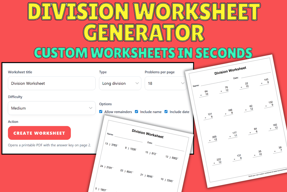 Division worksheet generator with long division settings and printable worksheet examples showing custom worksheets created instantly