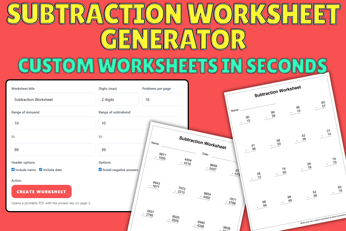 free subtraction worksheet generator tool to create printable math worksheets with answer keys and custom ranges