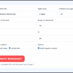 Subtraction worksheet generator tool with options for digits, number ranges, avoiding negative answers, and printable PDF output