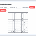 Sudoku generator tool showing a printable Sudoku puzzle with difficulty and puzzles-per-page options, plus generate and create PDF buttons.