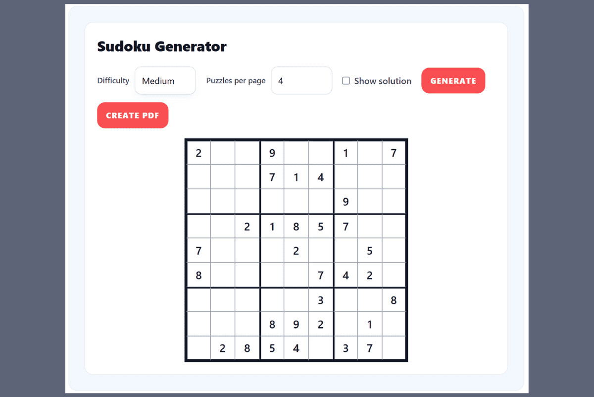 Sudoku generator tool showing a printable Sudoku puzzle with difficulty and puzzles-per-page options, plus generate and create PDF buttons.
