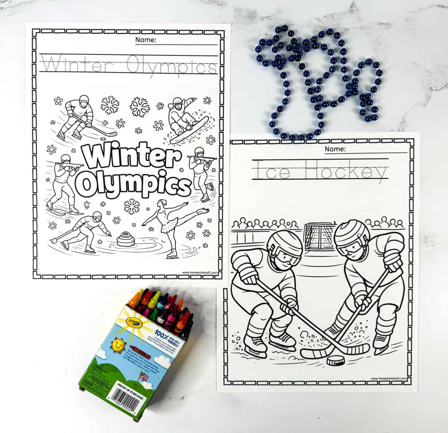 Winter Olympics coloring and tracing pages showing cover sheet and ice hockey worksheet for preschool kids.