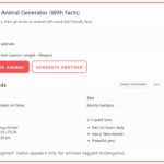 Random animal generator for kids showing humpback whale result with habitat, diet, fun stats, and quick facts.