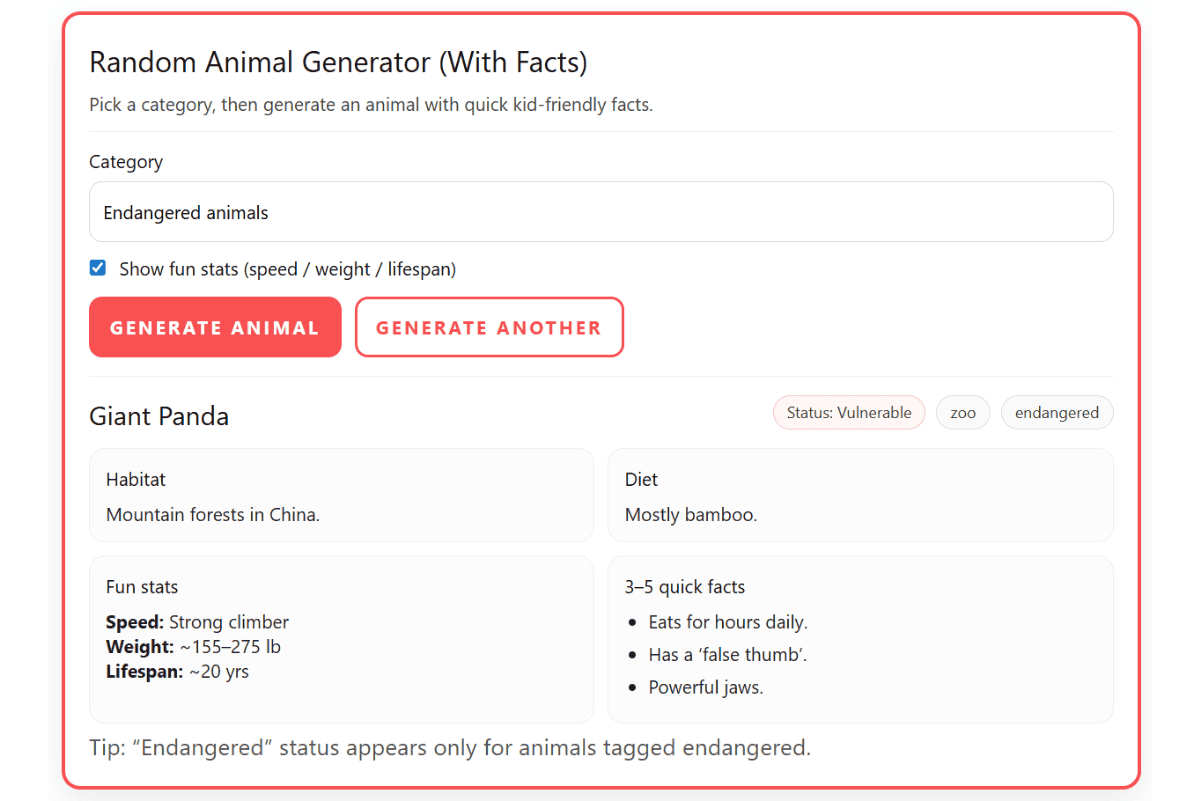 Random animal generator for kids showing humpback whale result with habitat, diet, fun stats, and quick facts.