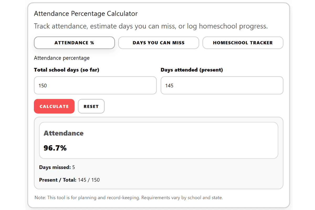 Attendance percentage calculator with tabs for attendance rate, days you can miss, and homeschool tracker