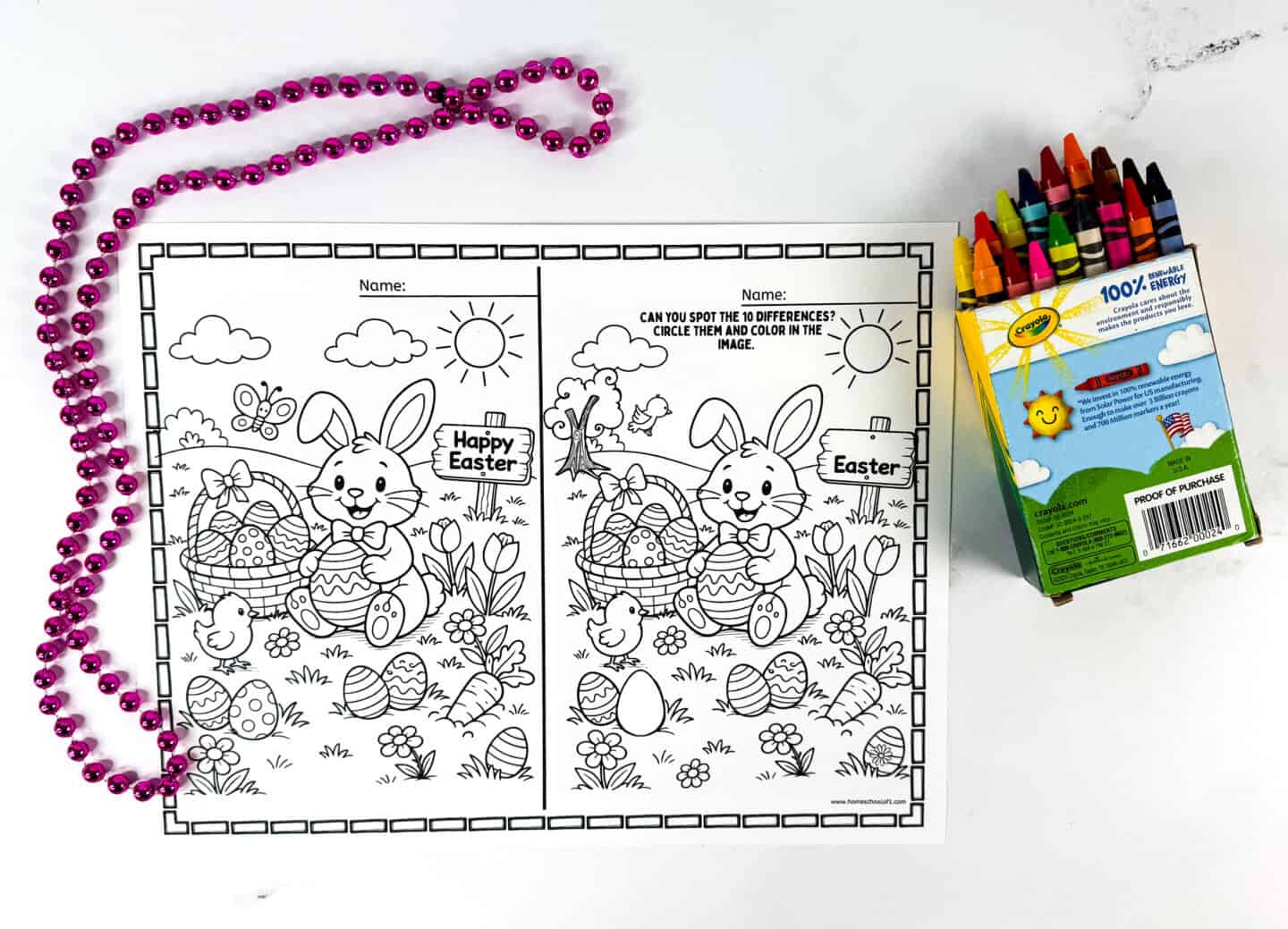 Landscape Easter find the difference printable showing both images side by side with crayons and pink beads.