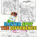 Easter spot the difference printable preview with bold colorful title text and multiple page layouts displayed.