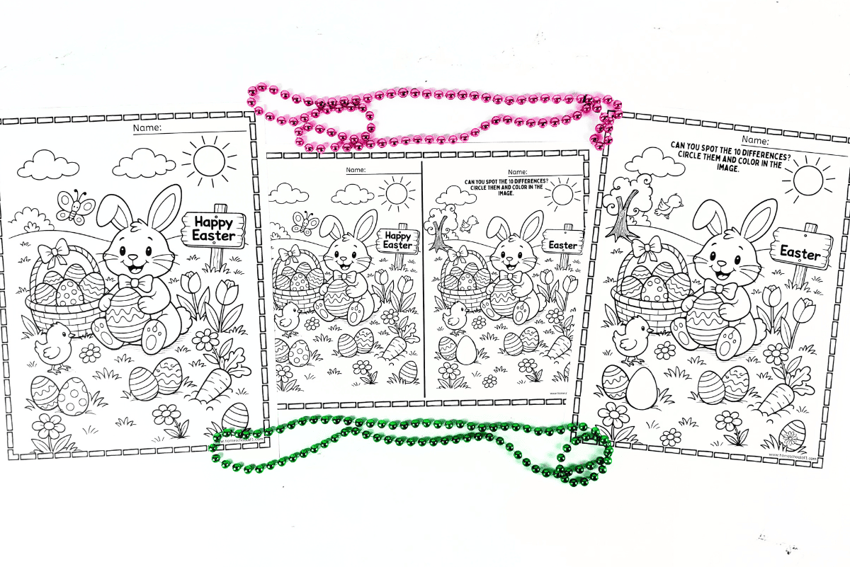 Three-page Easter spot the difference printable set displayed flat with decorative beads on a white surface.