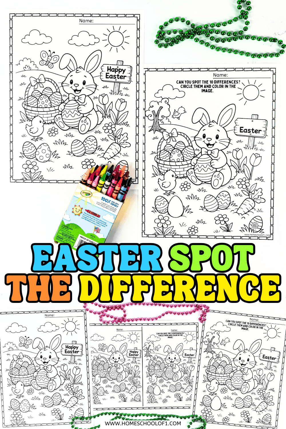 Easter spot the difference printable preview with bold colorful title text and multiple page layouts displayed.