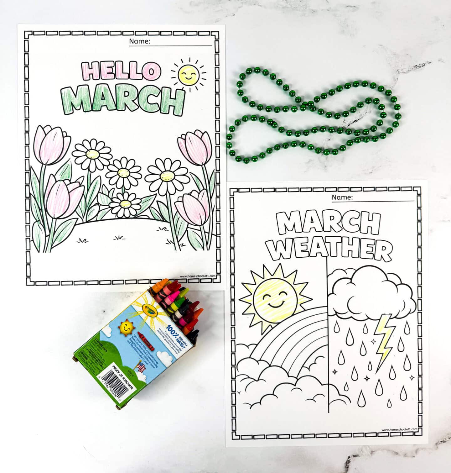 Hello March coloring page with tulips and daisies alongside March weather printable with rainbow and storm scene.