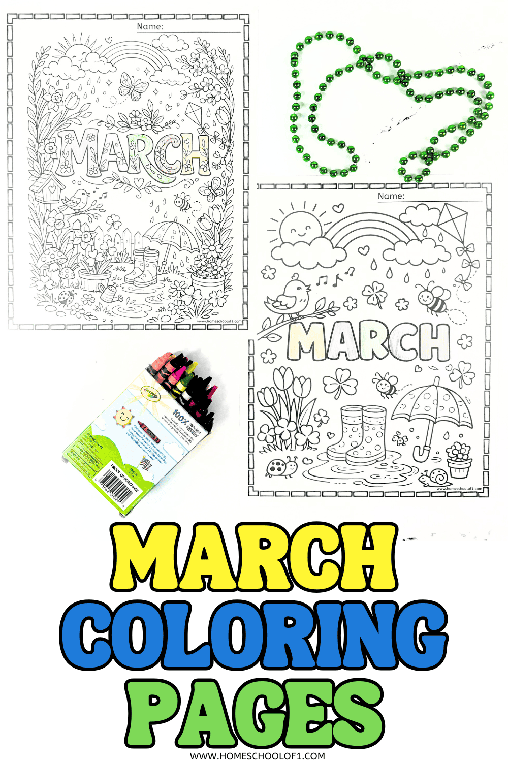 March coloring pages printable set preview with bold spring-themed designs for kids.