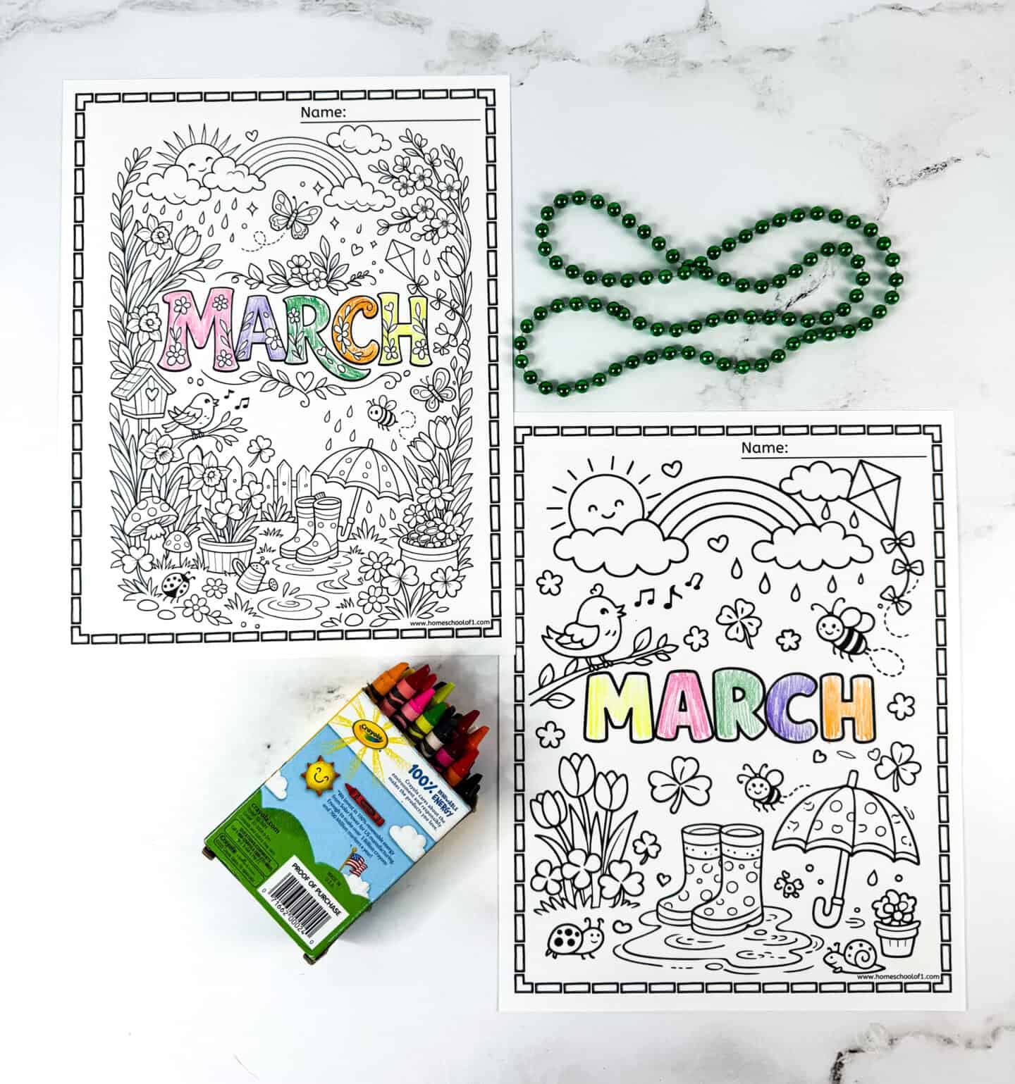 March month coloring pages including detailed spring garden design and seasonal collage with boots, umbrella, and flowers.