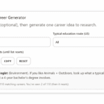 Random career generator for teens with STEM filter selected, generate button highlighted, and wildlife biologist result displayed.