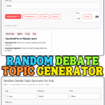 Random debate topic generator for kids showing sports category with funny tone selected, one topic displayed with argument for and against and 30-second timer running.