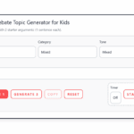 Random debate topic generator for kids interface with filters, generate buttons, and optional timer before selecting a topic.