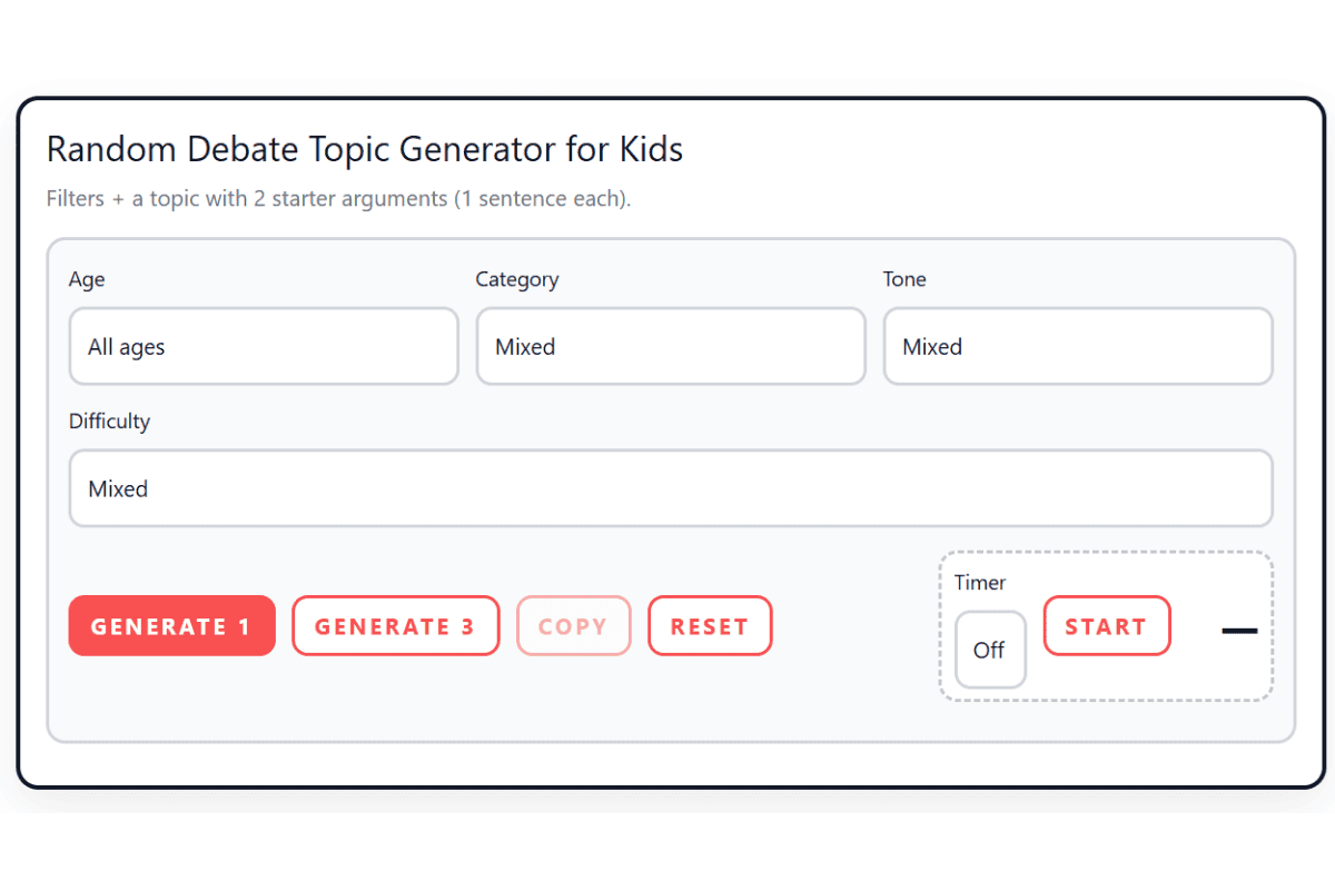Random debate topic generator for kids interface with filters, generate buttons, and optional timer before selecting a topic.