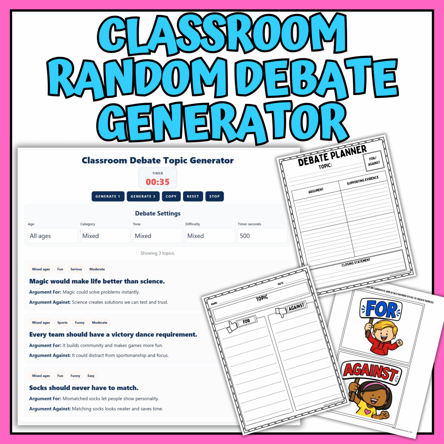 Classroom Debate Generator Activity Pack