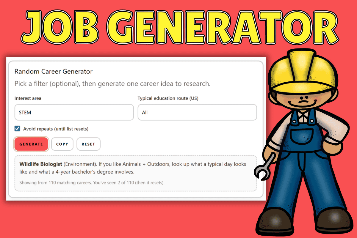 Random job generator for teens showing career ideas tool interface with worker illustration