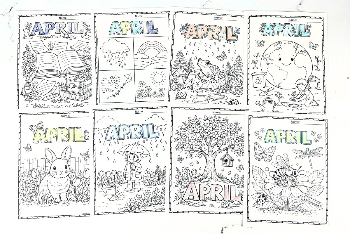 Free April coloring pages for kids featuring Earth Day, rain showers, frog in rain, bunny, blooming tree, pollinators, garden tools, weather scenes, and National Poetry Month printable designs.
