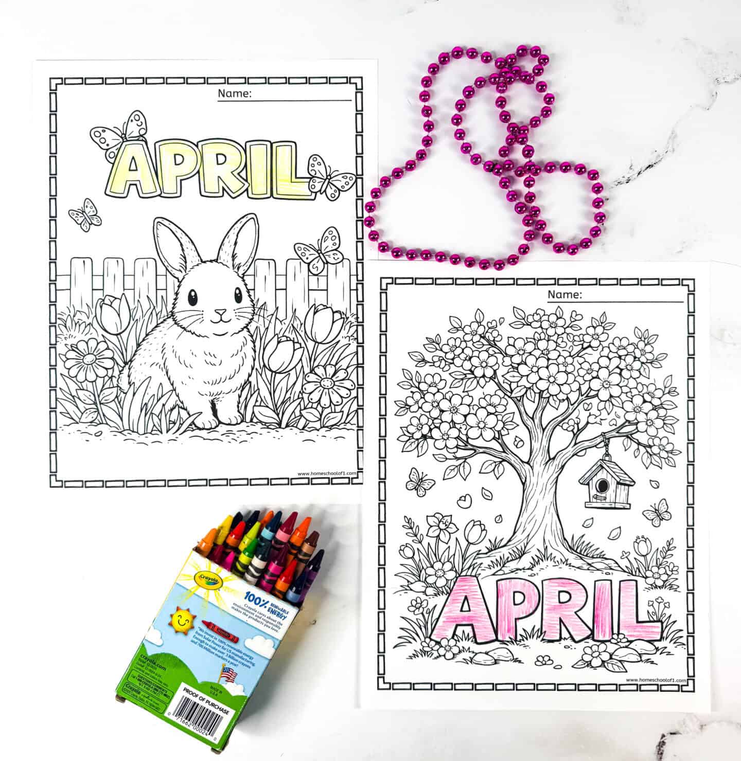 April coloring pages for kids featuring spring bunny and blooming tree printable designs.
