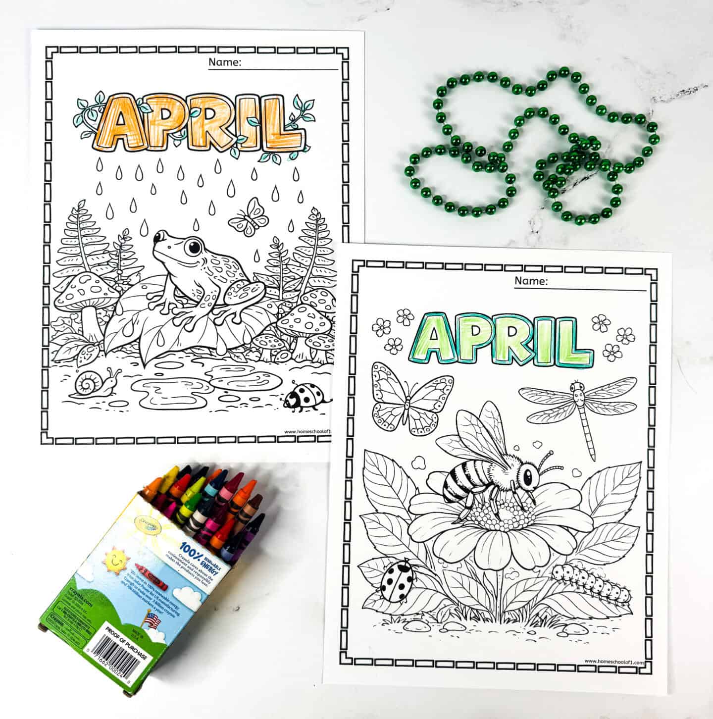 Free April coloring pages featuring rain frog scene and pollinator spring printable.