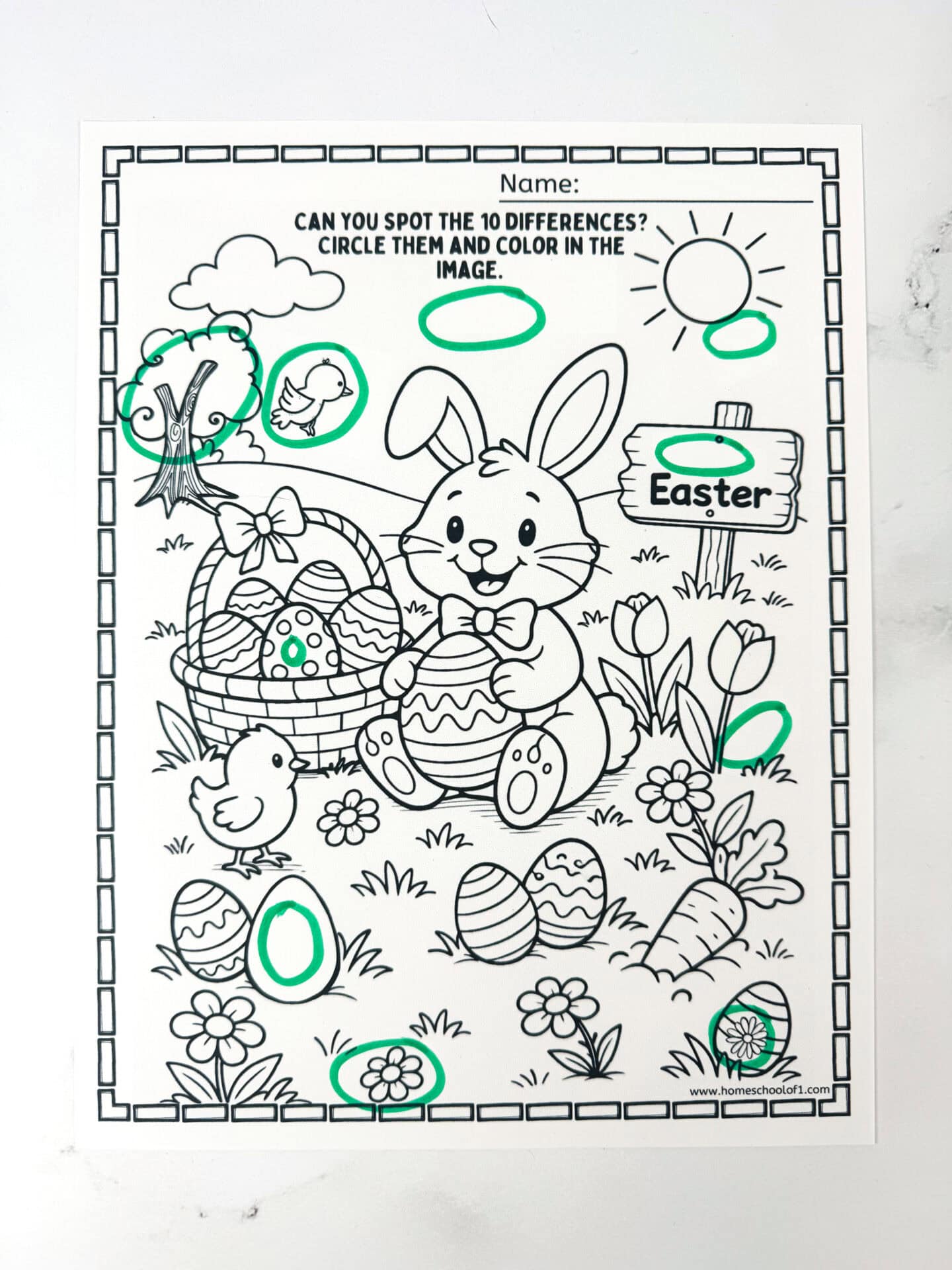 Easter spot the difference answers (all 10 differences circled)